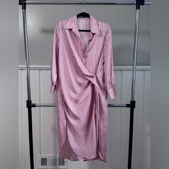 Zara Pink and White Striped Long Sleeve Dress - Picture 1 of 4